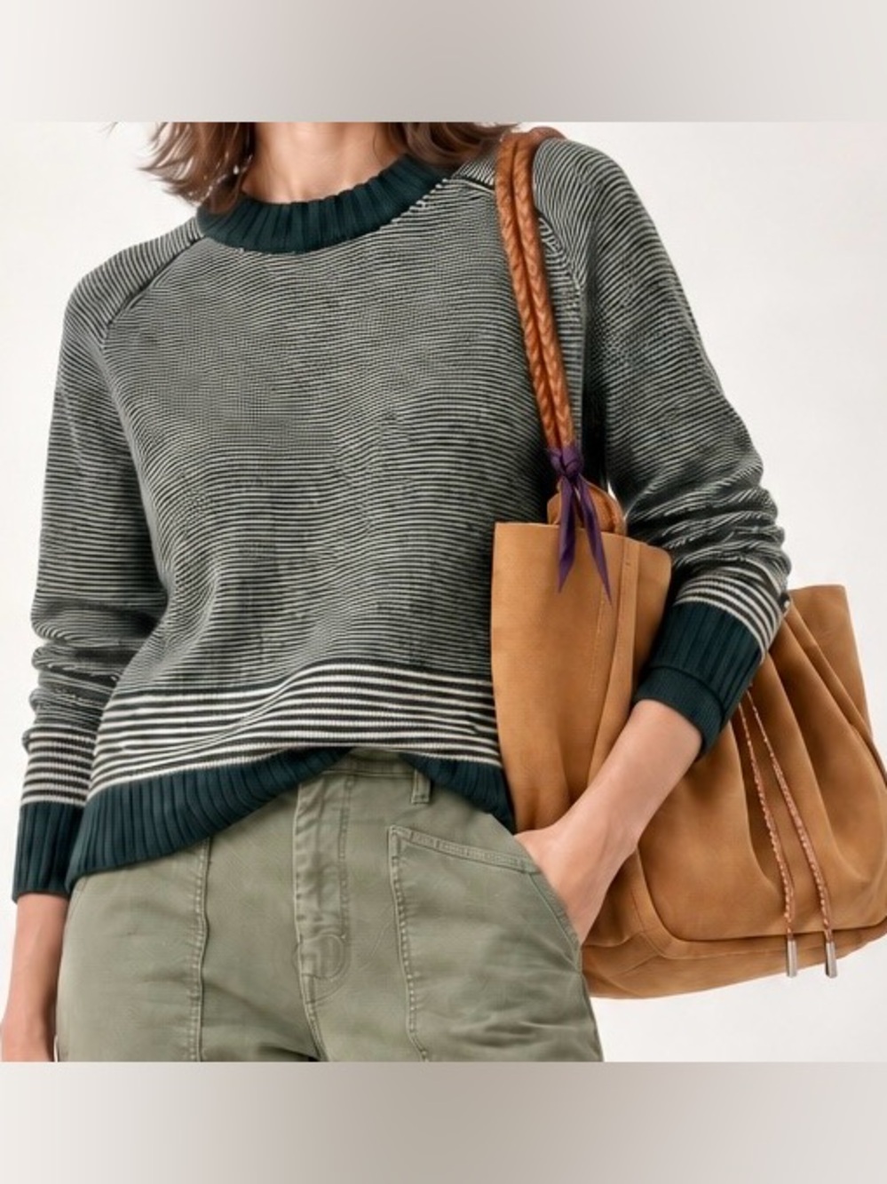 Loro Piana - Baby Cashmere, Green and Cream Striped Crewneck Sweater, Size 38/M